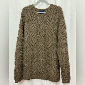 Davis & Squire Hand Knit Shetland Wool Sweater XL Brown Cable Knit Pullover Womn